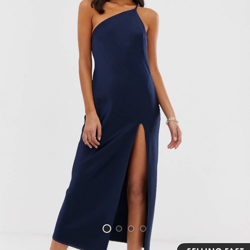 Women’s navy maxi dress with leg slit.